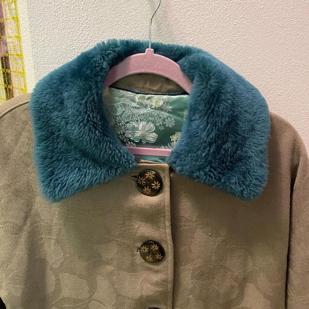 OOAK Handmade Wool, Faux Sherpa, Satin Lined Coat Ginkgo Leaf Patttern Medium - Picture 3 of 9